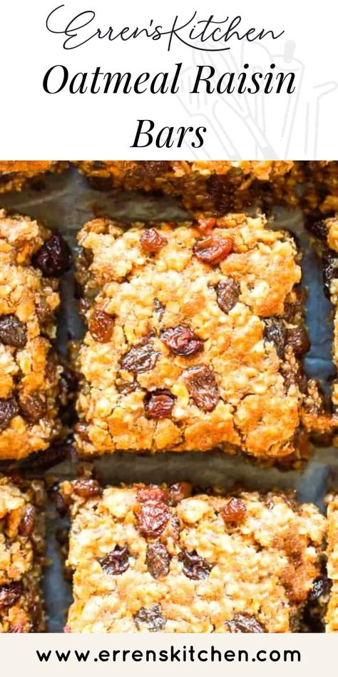 With these sweet treats that are filled Raisins, Oats and finished with a touch of Cinnamon, this easy recipe for Cinnamon and Raisin Oat bars creates you a tasty moist bar that you could have as breakfast, snack or a dessert! #ErrensKitchen #bars #desserts Raisin Squares Recipe, Oatmeal Raisin Bars, Raisin Bars, Mat Inspiration, Breakfast Bars Recipe, Oatmeal Cookie Bars, Raisin Recipes, Easy Oatmeal, Square Recipes