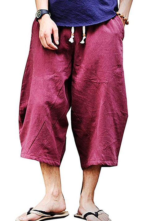 Banana Bucket Men's Patchwork Shorts Loose Linen Harem Capri Pants at Amazon Men’s Clothing store: Mens Capri Pants, Mens Summer Casual, Hippie Shorts, Cotton Harem Pants, Yoga Trousers, Summer Beach Shorts, Mens Pajama Pants, Floral Long Sleeve Shirt, Boho Men