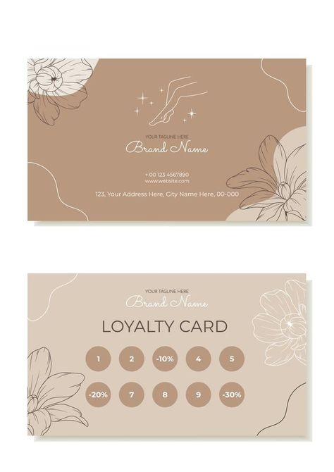 A rustic business and loyalty card template with plants in the outline. Suitable for beauty salons, hair removal masters, massage therapists. Vector Loyalty Cards Ideas Beauty Salons, Nail Salon Cards Business, Massage Logo Design Ideas Business Cards, Massage Cards Ideas, Salon Cards Business Ideas, Beauty Loyalty Card Ideas, Salon Loyalty Cards, Massage Studio Logo, Esthetics Business Cards