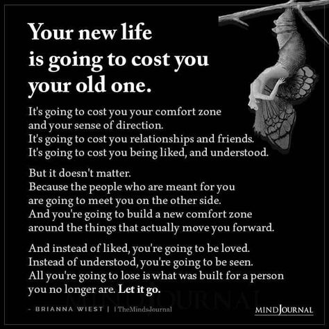 Your new life is going to cost you your old one. It’s going to cost you your comfort zone and your sense of direction. It’s going to cost you relationships and friends. It’s going to cost you being liked, and understood. But it doesn’t matter. Because the people who are meant for you are going to meet you on the other side. And you’re going to build a new comfort zone around the things that actually move you forward. Leaving Old Life Behind Quotes, Why Life Is So Unfair, Breaking Old Habits Quotes, Brianna Wiest Quotes, Scary New Beginnings Quotes, Scary Life Changes Quotes, Brianna Wiest, Toxic Parents, Narcissistic Mother