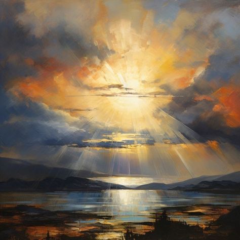 Sun Through Clouds, Sunlight Painting, Crepuscular Rays, Loch Lomond Scotland, Heaven Painting, Clouds Painting, Painting Clouds, Glow Paint, Sun Painting