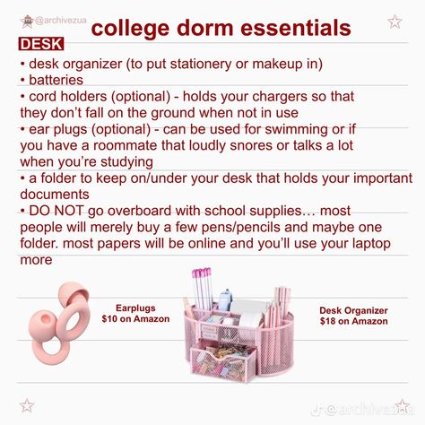 Essentials For College Freshman Year, College Desk Organization, Dorm Desk Organization, College Dorm List, College Wishlist, College Dorm Checklist, College Dorm Organization, Dorm Room Checklist, Uni Dorm