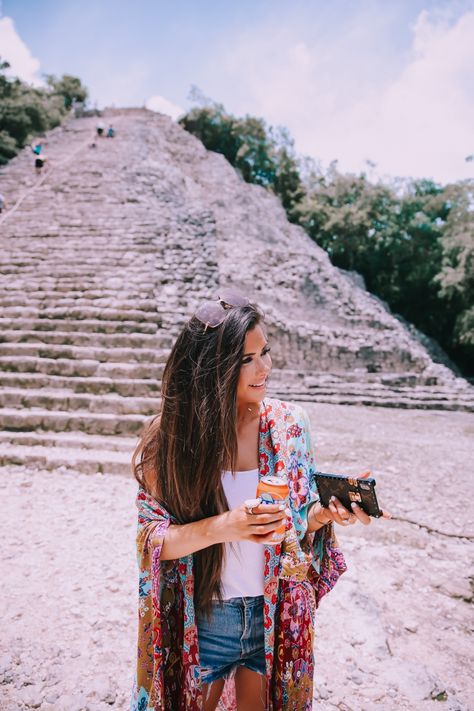 JUNE 24, 2018 What I Wore To Visit The Coba Mayan Ruins [Mexico] - OUTFIT DETAILS: KIMONO: Free People | TANK: BP | SHORTS: Articles of Society | SANDALS: Jeffrey Campbell | NECKLACE: Jennifer Zeuner | EARRINGS: BaubleBar c/o | RATTAN CIRCLE BAG: Street Level | RINGS: Cartier, Kendra Scott c/o | SUNGLASSES: Gucci Mexico Beach Outfits, Cancun Mexico Outfits, Travel Outfit Mexico, Best Travel Clothes, Mexico Vacation Outfits, Cancun Outfits, Cancun Vacation, Cancun Trip, Outfits For Mexico