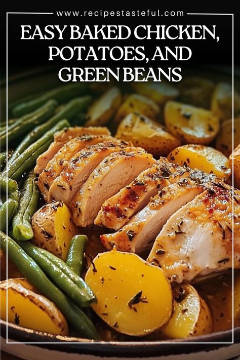 This simple and satisfying one-pan dinner combines cubed chicken, tender potatoes, and flavorful green beans. Seasoned with dry Italian dressing and topped with melted butter, it’s a meal the whole family will love – and there won’t be any leftovers! Baked Chicken Green Beans And Potatoes, Oven Baked Chicken Breast And Potatoes, Chicken Potato Green Bean Bake, Green Beans Chicken And Potatoes, One Pan Chicken Potatoes Green Beans, Baked Chicken Potatoes And Green Beans, Easy Chicken And Potatoes Recipes Baked, Chicken Breast Green Beans, Baked Chicken Potatoes