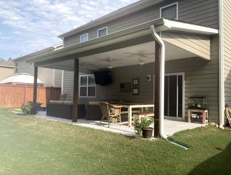 Spatial Solutions for A Builder-Grade Patio in Blythewood, SC Shed Roof Design, Two Story Windows, Builder Grade, Wooden Posts, Outdoor Kitchen Patio, Shed Roof, Space Photos, Porch Design, Concrete Patio