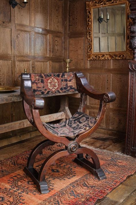 16th century X frame chair - Marhamchurch Antiques Tudor Furniture, X Chair, Silver Carpet, All Souls Trilogy, Souls Trilogy, Medieval Decor, Carpet Art, Carved Chairs, Medieval Furniture