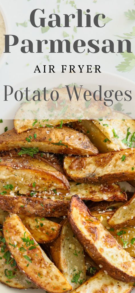 These Garlic Parmesan Air Fryer Potato Wedges are crispy, salty & cheesy. They have tons of flavor & taste great with plenty of dishes & dips. #Airfryer #Sidedish #Easter #Holiday Air Fryer Potato Wedges, Pumpkin Praline, Parmesan Potato Wedges, Parmesan Crusted Potatoes, Air Fryer Potato, Praline Cake, Roasted Potato Recipes, Air Fried Food, Air Fryer Dinner Recipes