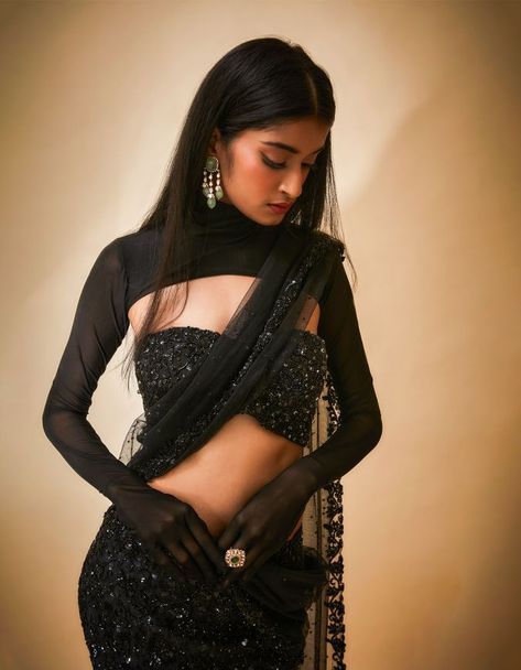 Saree With Gloves, Black Saree Full Sleeves, Black Fitted Pre-draped Saree For Festivals, Black Saree With Long Sleeve And Unstitched Blouse, Saree Gloves, Black Georgette Bollywood Pre-draped Saree, Princess Gloves, Biker Gloves, Saree Styling