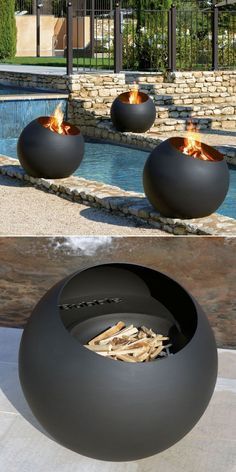 Outdoor Wood Burning Fire Pit, Backyard Statue Ideas, Fire Pit Balls, Wood Fire Pit Ideas Backyard, Fire Balls For Fireplace, Garden Fireplace Ideas, Outdoor Gardens Ideas, Patio Ideas Fireplace, Patio Next To House