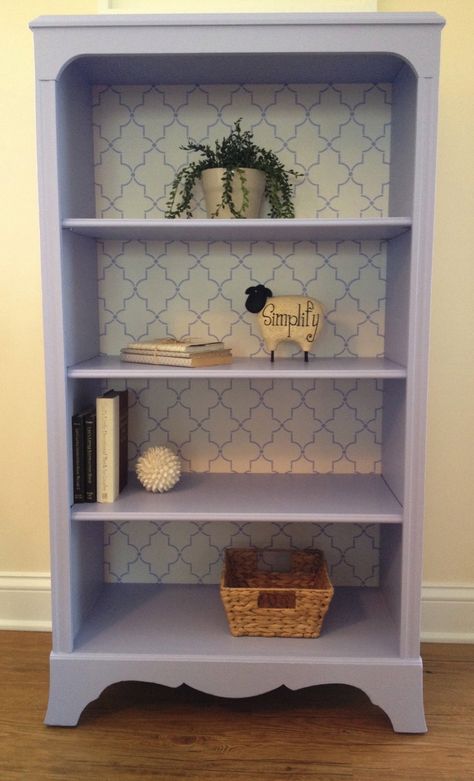 Lavender Bookshelf With Stenciled Back.  McCormick Paint:  Custom Match Behr 590A-3, & MC0004. This item has been sold. See more on Facebook: All Things New-Painted Furniture by Darla www.facebook.com/... Lavender Bookshelf, Purple Bookshelf, Purple Bookshelves, Cute Bookshelves, Purple Books, Vintage Bookcase, Bedroom Upgrade, Custom Matches, Diy Wallpaper