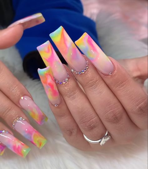 Bold Square Nails, Trending Long Acrylic Nails, Marble Nails Multicolor, Pastel Color Nail Ideas, Colorful Long Nail Designs, Bright Long Summer Acrylic Nails, White Nails Neon Design, Long Nails Inspiration Summer, Spring Nails 2024 Acrylic