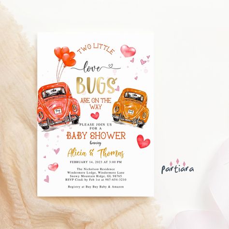 "Twin Love Bugs Invite Baby Shower Invitation Boy Girl Sweetheart Invites Printable Vintage Car Orange Yellow Decor Editable Download P121 NOTE - THE HEADER IS NOT EDITABLE ★★ THE COLLECTION ★★ To see more from this cute collection, take a look here: http://etsy.me/3hgKE7r TRY OUT THE FREE DEMO BEFORE YOU BUY!  Copy and paste the URL into your browser to Demo: https://www.corjl.com/d/2A5A4D A sweet Retro VW Beetle Twin Love Bugs Baby Shower invitation in orange and yellow, perfect for any little Boy And Girl Baby Shower Ideas, Twin Boy And Girl Baby Shower Ideas, Twin Baby Shower Ideas Theme, Twin Shower Themes, Twins Baby Shower Ideas, Baby Shower For Twins Boy And Girl, Love Bug Baby Shower Theme, Love Bug Baby Shower Decor, Twin Baby Shower Ideas