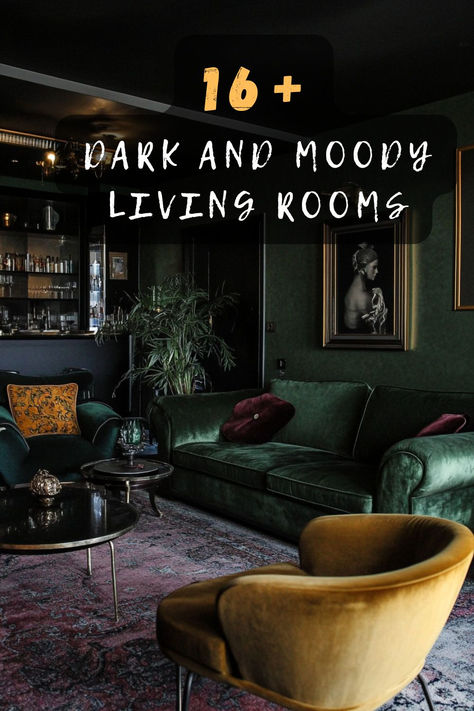 Transform your space into a cozy, dark, and moody living room. Click to dive into elegant and dramatic decor ideas! 🌑🛋️ #MoodyInteriors #LivingRoomDesign #HomeDecor #CozyHome #ElegantSpaces Dark Cottagecore Living Room Cozy, Moody Grunge Aesthetic, Dark And Moody Interiors Eclectic, Dark Room No Windows, Living Room Decor Gothic, Mid Century Modern Moody Living Room, Dark And Moody Homes, Small Dark Living Room Ideas Cozy, Moody Colonial Living Room