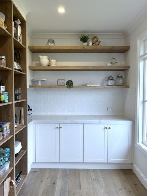 Custom designed and manufactured walk in pantry, with 16mm thick lamiwood open adjustable shelves and 'shaker' poly doors. 55mm thick floating lamiwood shelves. #wip #butlerspantry #butlerspantryideas #butlerspantrygoals #butlerspantryinspo #kbecastlehill #kitchensbyemanuel #custombutlerspantry #pantryinspo #custompantry #customstoragespace #openshelving #kitchenideas #walkinpantrydesign #walkinpantrygoals Butlers Pantry Open Shelves, Floating Shelves Pantry, Butlers Pantry Ideas, Wooden Pantry, Custom Pantry, Cooking Stuff, Butler’s Pantry, Pantry Wall, Ocean Springs