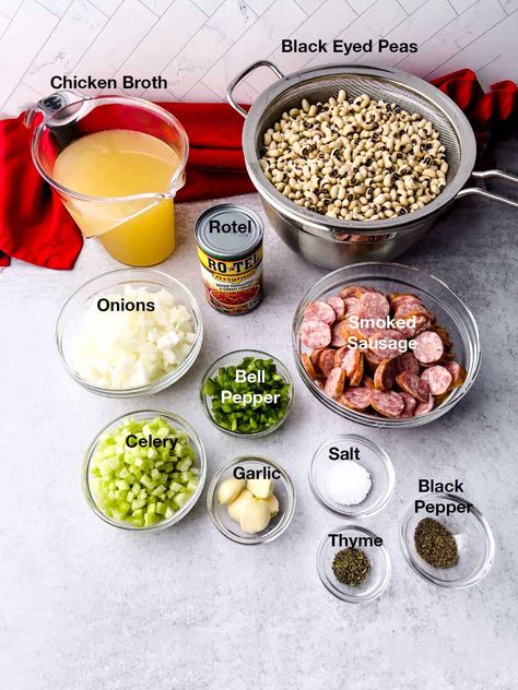 Ingredients for Hoppin' John. Hop And John Recipe, Hop N John Recipe, Southern New Years Dinner, Hoping John Recipe, Black Eye Pea Recipes, New Year Day Dinner Traditional, Hopping John Recipe Black Eyed Pea, Hoppin John Recipe With Sausage, Crock Pot Hoppin John Recipe