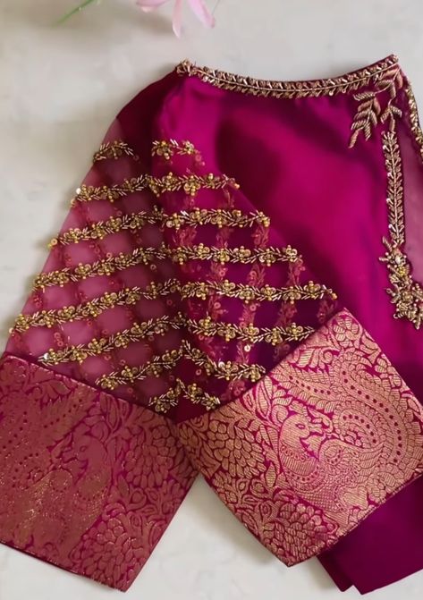 Pink Netted Blouse Designs, Aari Work Net Blouse Wedding, Simple Net Work Blouse Designs, Maggam Work On Net Hands, Netted Sleeves Blouse Designs, Net Blouse Aari Work, Net Sleeve Aari Work Blouse, Bridal Blouse Work Designs, Net Hands Blouse Designs