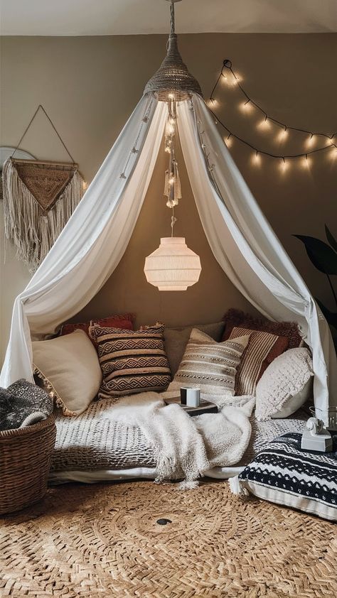 Featuring a floor cushion nook or daybed, a hanging light with a soft glow Corner Bed Canopy, Boho Corner, Redecorating My Room, Chill Spot, Boho Bedrooms, Bed In Corner, Boho Style Bedroom, Cozy Boho, Bed Canopy