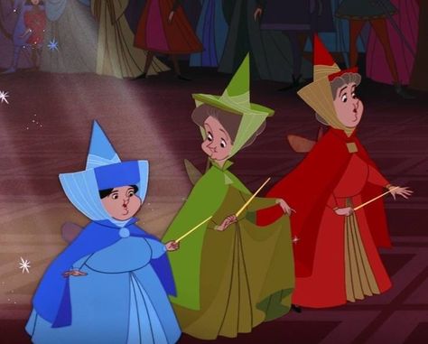 Flora, Fauna, and Merriweather Disney References, Flora Fauna And Merryweather, Disney Sidekicks, Sleeping Beauty Fairies, Sleeping Beauty 1959, Animation Disney, Images Disney, 65th Anniversary, Disney Fairy