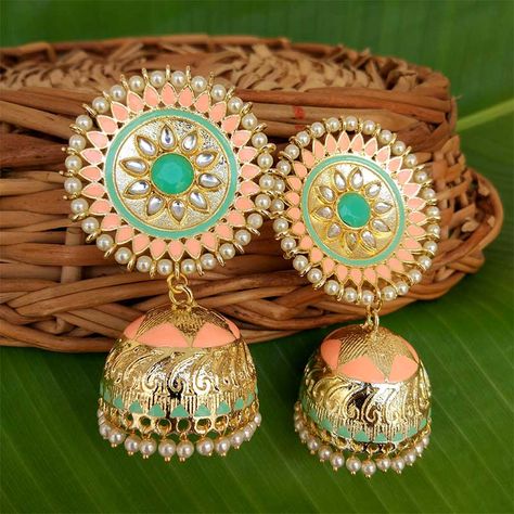 Pastel Orange Kundan Meenakari Big Size Jhumka Earring - Feedlinks.net Colourful Jhumka, Traditional Jhumkas, Jewelry Room, Dress Anarkali, Punjabi Jewelry, Silver Jhumkas, Lehenga Dress, Meenakari Earrings, Suit For Wedding