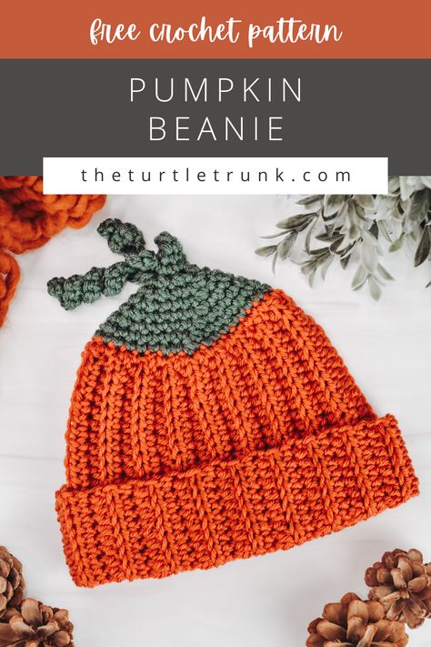 Photo shows a crochet beanie that looks like a pumpkin, laying on a white surface. Pumpkin Beanie crochet pattern by The Turtle Trunk. Easy Crochet Pumpkin, Pumpkin Hat Pattern, Pumpkin Beanie, Crochet Pumpkin Hat, Crocheted Beanies, Crochet Beanie Pattern Free, Crochet Newborn Hat, Kids Crochet Pattern, Crocheting Ideas