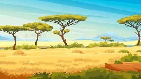 African Savannah Landscape Green Trees Mountains African Savannah Landscape, Savanna Landscape, Savannah Landscape, Jungle Plants, Animation Classes, African Savannah, Forest Illustration, Masai Mara, Illustration Poster