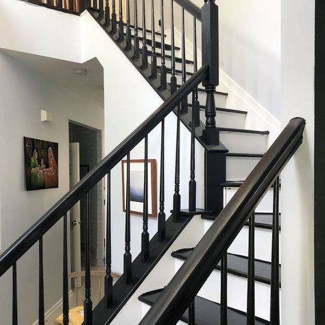 Try a coat of black paint on your staircase for a fresh, modern look! Our Trim Paint in Blackest on this stair railing and treads to really brings the drama! ⠀⠀⠀⠀⠀⠀⠀⠀⠀  #Regram via @clarepaint Black Stair Railing, Trim Paint Color, Painted Staircases, Black Stairs, Beyond Paint, Trim Paint, Dark Trim, Black Paint Color, Monochrome Wall