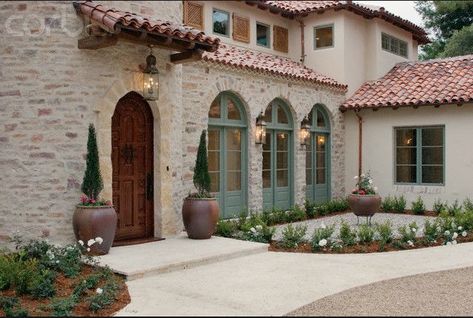 Really like this type of stone and stucco combination!!!! Mediterranean Exterior, Light Brick, Mediterranean Home Decor, Spanish Style Home, Casas Coloniales, Spanish Style Homes, Hacienda Style, Mediterranean Home, Spanish House