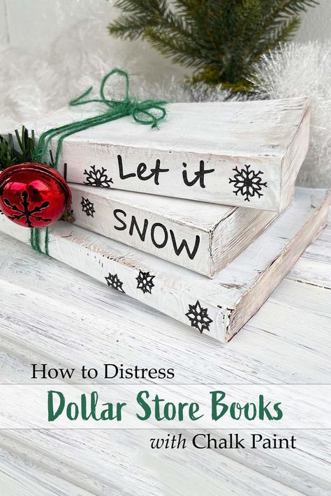 Distress dollar Store books with chalk paint to make beautiful and inexpensive decor pieces! #christmascrafts #holidaycrafts #distressbooksdiy #homedecorideas Diy Wood Books, Covering Books, Farmhouse Book Stack, Paint Books, Stack Books, Awards Banquet, Xmas Decorations Diy, Recycling Crafts, Inexpensive Decor