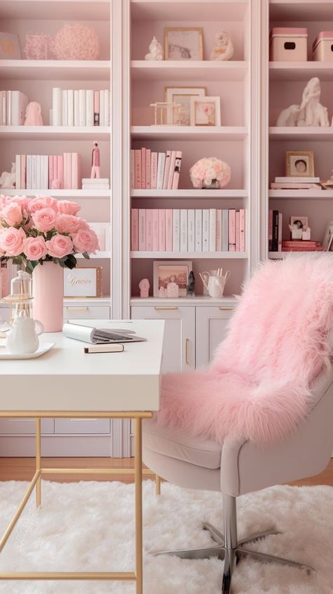 Glam Office Ideas, Pink Office Aesthetic, Author Office, Girly Home Office, Glam Office Decor, Girly Home, Vanity Pink, Author Life, Girly Office