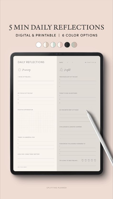 5 MINUTE DAILY REFLECTIONS TEMPLATE WITH 6 COLOR OPTIONS Daily Reflection Template, Reflection Template, Daily Reflection Journal, Digital Gratitude Journal, Morning Journal Prompts, Thinking Patterns, Morning Journal, Journal Inspiration Writing, Daily Reflections