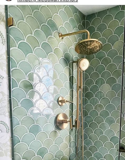 Sea Green Bathroom, Bathroom Mermaid Tile, Mermaid Scale Tile Bathroom, Mermaid Tile Bathroom, Fish Scale Tile Shower Wall, Sea Green Bathroom Tiles, Green Fish Scale Tile Bathroom, Sea Green Bathrooms, Mermaid Tiles