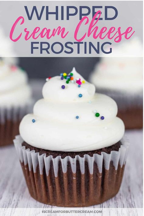 This whipped cream cheese frosting is a super light and fluffy icing. With only a few ingredients, it comes together easy and is the perfect way to top cupcakes or cakes. The cream cheese makes this whipped cream icing more stable than other frostings made with whipping cream. Plus it's not overly sweet like other frostings. #frosting #creamcheese #whippedcreamfrosting Whipped Icing Recipes, Fluffy Icing, Cupcake Topping, Frost Cupcakes, Whipped Cream Icing, Fluffy Cream Cheese Frosting, Whipped Icing, Whipped Cream Cheese Frosting, Fluffy Frosting