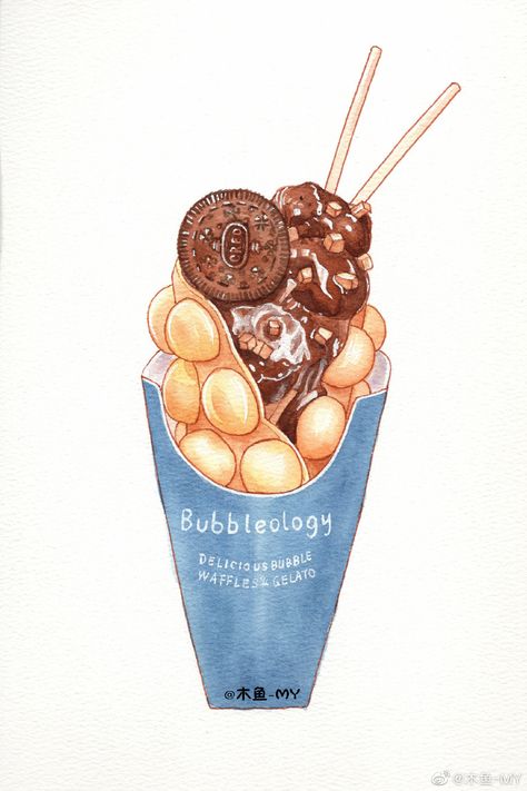 Desserts Drawing, Dessert Illustration, Bubble Waffle, Food Drawings, Anime Paper, Food Sketch, Food Artwork, Food Cartoon, Strawberry Cookies