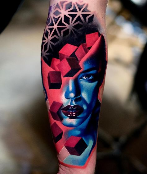 Tattoo artist Volkan Demirci, authors style color surrealistic portrait tattoo | Ushuaia Tattoo London Best 3d Tattoos, Colored Tattoo Design, Pop Art Tattoos, Surreal Tattoo, Galaxy Tattoo, Skeleton Hand Tattoo, Tatuaje A Color, 3d Tattoo, Tattoo Designs And Meanings