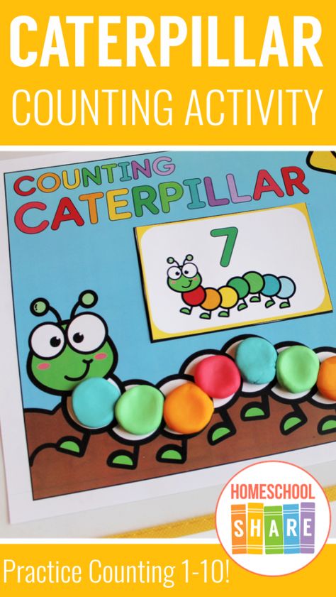 The Hungry Caterpillar Math Activities, Caterpillar Counting Printable, Counting Caterpillar Free Printable, Caterpillar Playdough, Caterpillar Activities For Preschool, Caterpillar Counting, Counting Caterpillar, Caterpillar Preschool, Caterpillar Activities