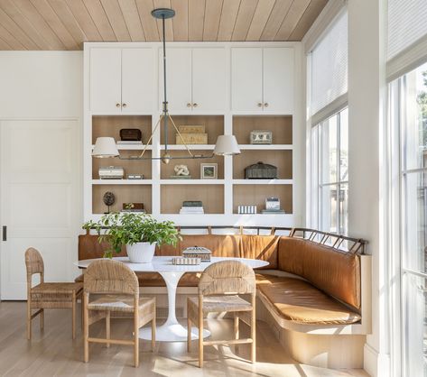 A curated collection of places and spaces that inspire to spark some creativity and inspire your own home decor. French Provincial Home, Woven Dining Chairs, Banquette Seating, Teak Dining Table, Kitchen Nook, Luxe Interiors, Teak Table, Contemporary Living Spaces, Dining Nook