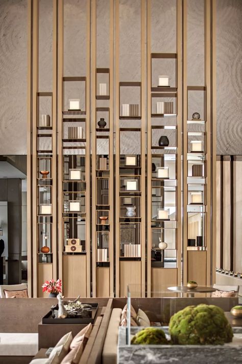 Shelving Partition Ideas, Modern Luxury Partition Design, Lobby Partition Design, Luxury Partition Design, Shelving Partition, Partition Shelves, Shelves Partition, Wooden Panel Design, Modern Partition