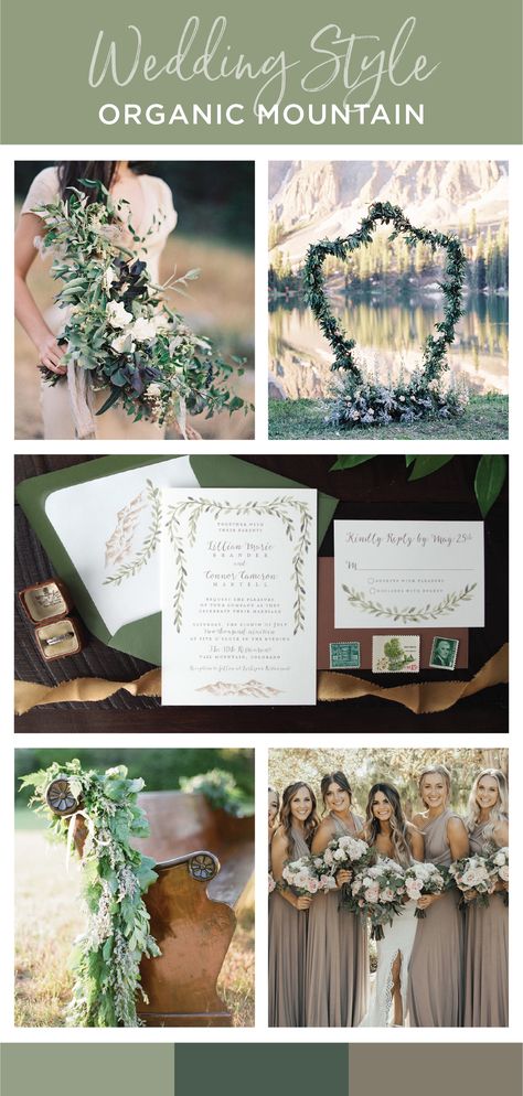 Classy and organic mountain wedding inspiration with lots of greenery, garlands, beige accents and soft white florals. Wedding invitation set has hand painted green garland and soft rustic mountains. Earthy color palette to compliment the breathtaking backdrop of your mountain wedding. White Florals Wedding, Summer Mountain Wedding, Mountain Destination Wedding, Rustic Mountain Wedding, Mountain Wedding Invitations, Mountain Top Wedding, Wedding Invitations Ideas, Woodsy Wedding, Green Garland