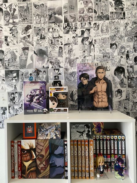 Manga Wall Room Ideas, Manga Wall Bedroom, Manga Room Aesthetic, Manga Wall Room, Manga Wall Bedroom Aesthetic, Anime Manga Wall Room Decor, Manga Shelf Ideas, Manga Display Shelf, Organizing Manga Shelf