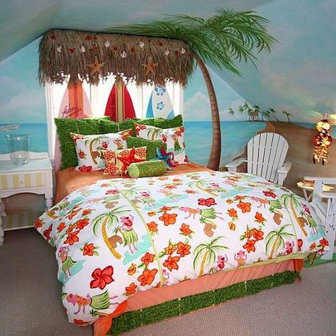 Jungle Bedroom Ideas for girls | Tropical beach style bedroom decorating ideas - beach bedrooms ... Teenage Beach Bedroom, Hawaiian Bedroom, Surfer Girl Bedroom, Beach Style Bedroom, Beach Themed Bedroom, Tropical Bedrooms, Bedroom Murals, Beach Room, Themed Bedroom