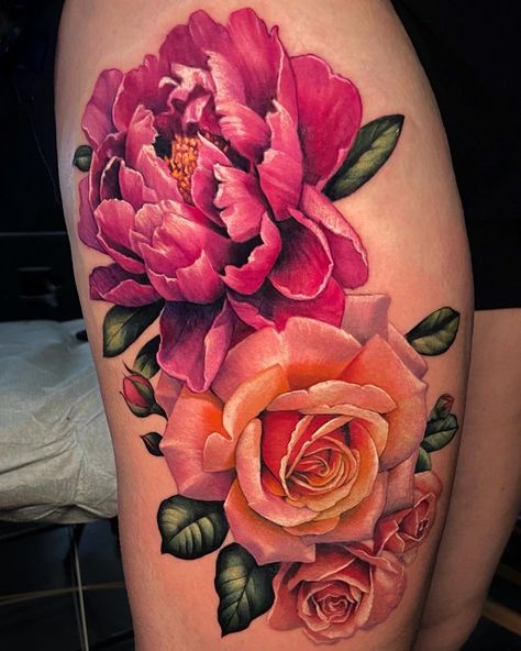 Outer Thigh Tattoo, Pink Peony Tattoo, Colorful Flower Tattoo, Realistic Flower Tattoo, Mastectomy Tattoo, Outer Thigh, Floral Tattoo Sleeve, Flower Sleeve, Flower Tattoo Sleeve