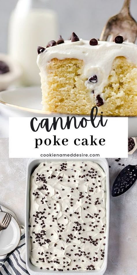 A fluffy vanilla cake filled and topped with creamy cannoli filling. This is the cannoli poke cake of our dreams Cannoli Poke Cake, Homemade Poke, Cannoli Cake, Poke Cake Recipe, Drink Inspiration, Poke Cake Recipes, Semi Homemade, Poke Cakes, Poke Cake