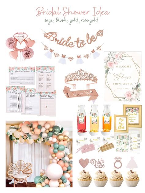 Bridal Shower Rose Gold Theme, Bachelorette Party Decorations Ideas, Tea Party Bridal Shower Decorations, Pink Bridal Shower Theme, Bridal Shower Colors, Party Decorations Ideas, Green Bridal Showers, Rose Gold Bridal Shower, Blush Bridal Showers