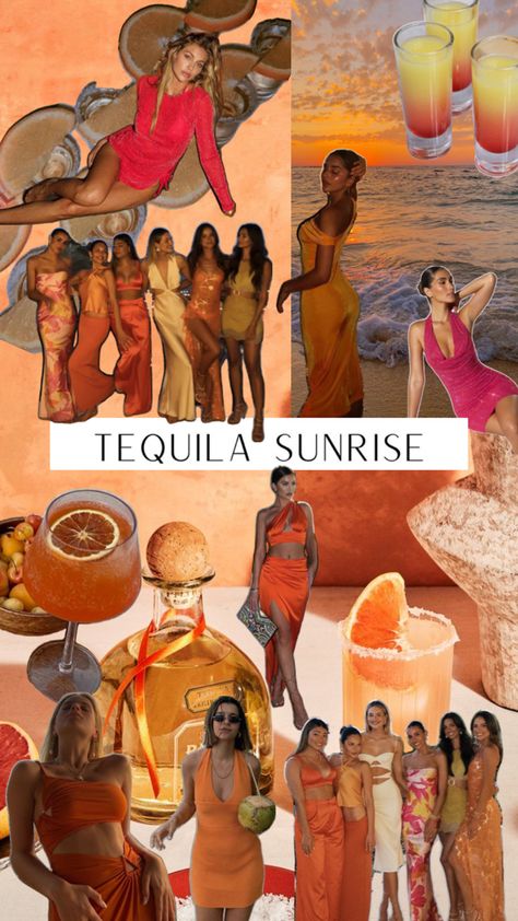 Sunset Mood Board Fashion, Tequila Sunrise Mood Board, Cancun Themed Party, Tequila Sunset Bachelorette Theme, Bachelorette Party Ideas Miami, Playa Del Carmen Bachelorette Party, Bachelorette Vacation Ideas, Tequila Sunset Bachelorette Outfits, Bachelorette Cruise Outfits