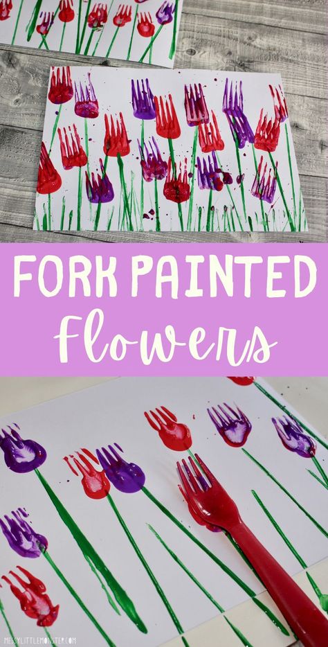 Fork painting for kids. Fork flower painting. Growing Gardens Crafts For Toddlers, Fork Painting For Kids, Process Art For Kids, Fork Painting, Process Art Preschool, Fork Crafts, Preschool Rules, Preschool Painting, Fork Art