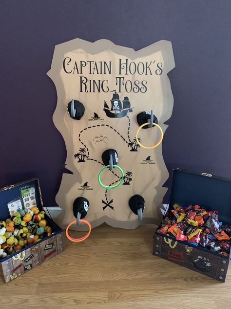 Pirate Trick Or Trunk Ideas, Trunk Or Treat Ideas For Cars Peter Pan, Pirate Themed Trunk Or Treat Ideas, Pirate Ship Trunk Or Treat Truck, Peter Pan Themed Trunk Or Treat, Captain Hook Ring Toss, Pirate Ring Toss, Pirates Trunk Or Treat, Trunk Or Treat Peterpan