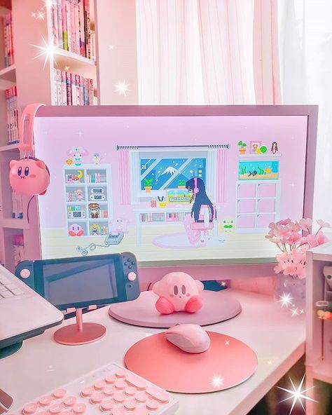 🐰 Fay 🐰 on Instagram: “I got tired of my black monitor, so.... This happened 😋💖🌸 . . . . #pinklife #kawaiiroom #myroom #plushies #cuteroom #cutestuff #kawaiilife…” Nice Room, Kawaii Bedroom, Otaku Room, Gamer Room Decor, Video Game Room Design, Gaming Room Setup, Cute Room Ideas, Gamer Room, Dreamy Room