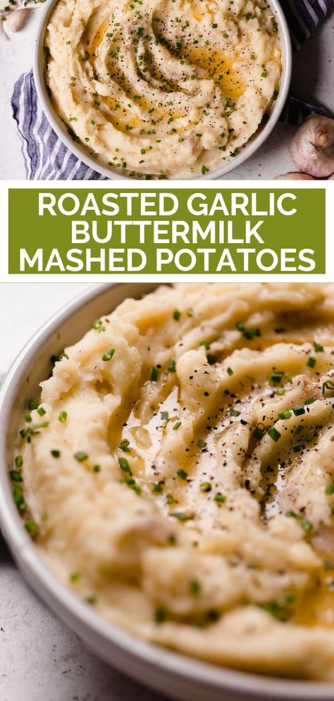 roasted garlic buttermilk mashed potatoes. an easy & ultra creamy roasted garlic buttermilk mashed potatoes recipe! yukon gold potatoes get mashed until perfectly creamy with butter & buttermilk, then finished with deeply caramelized roasted garlic. the perfect side dish for thanksgiving or any comfort food dinner! #playswellwithbutter #buttermilkmashedpotatoesrecipe #roastedgarlicbuttermilkmashedpotatoes #easymashedpotatoes #bestmashedpotatoes #thanksgivingsidedish #thanksgivingrecipe Buttermilk Mashed Potatoes, Garlic Mashed Potatoes Recipe, Roasted Garlic Mashed Potatoes, Easy Mashed Potatoes, Best Mashed Potatoes, Mashed Potatoes Recipe, Gold Potatoes, Homemade Buttermilk, Yukon Gold