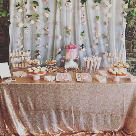 Desert Table Backdrops, Bridal Dessert Table Ideas, Dessert Table With Flowers, Floral Dessert Table Ideas, Bachelorette Dessert Table, Dessert Table Ideas Baby Shower Girl, Bridal Shower Cake Table Ideas, Baby In Bloom Sweet Table, Whimsical Dessert Table