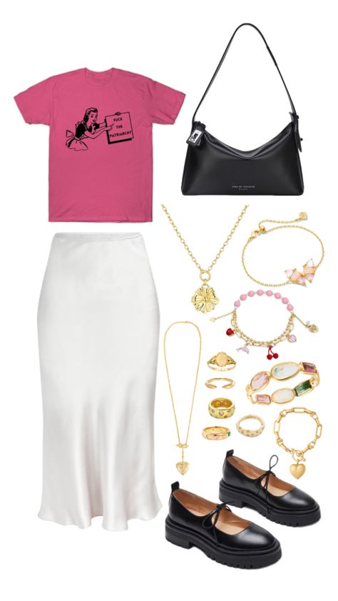 Pink Tshirt, white silk skirt, black loafers, gold jewelry, black bag Choose Your Aesthetic, White Silk Skirt, Jewelry Black, Black Loafers, Different Outfits, Pink Tshirt, Silk Skirt, White Silk, Pink Outfit